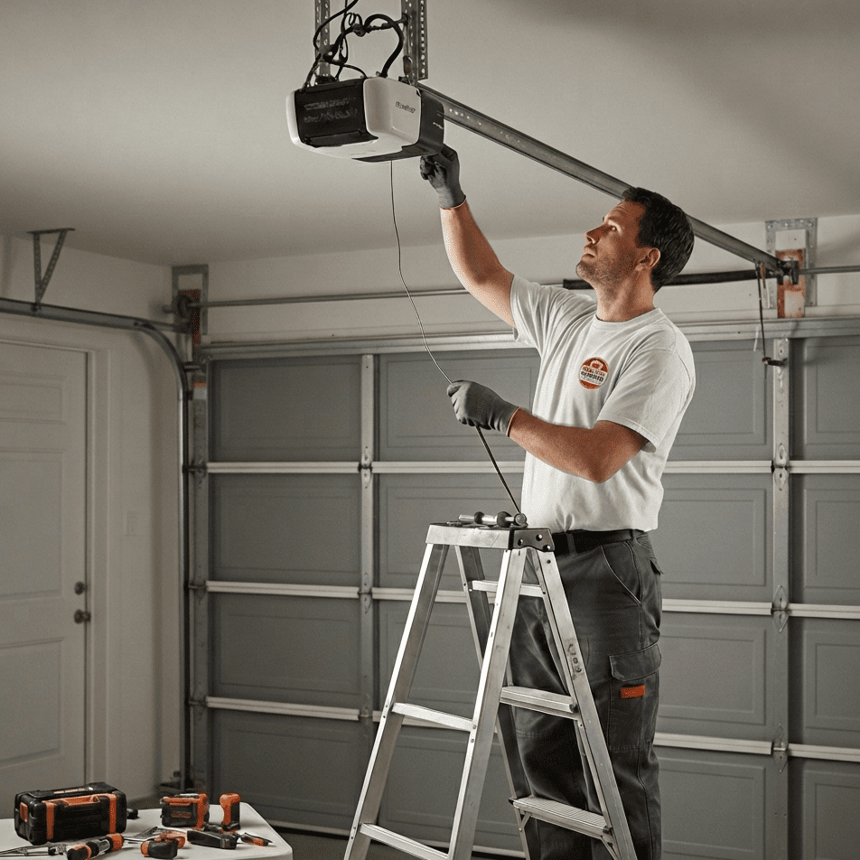 Garage Door Technician Working on Garage Door Opener